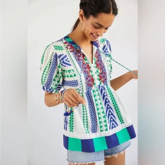 Anthropologie Tops - Anthropologie White Top with Blue and Green Geometric Print